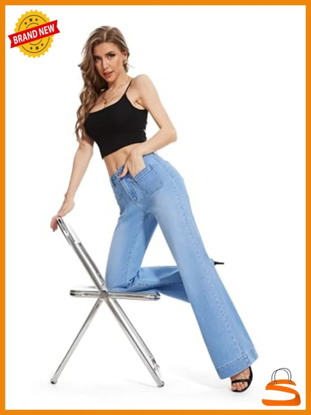 High Rise Flare Wide Leg Bell Bottom Jeans Stretch Denim with Pockets